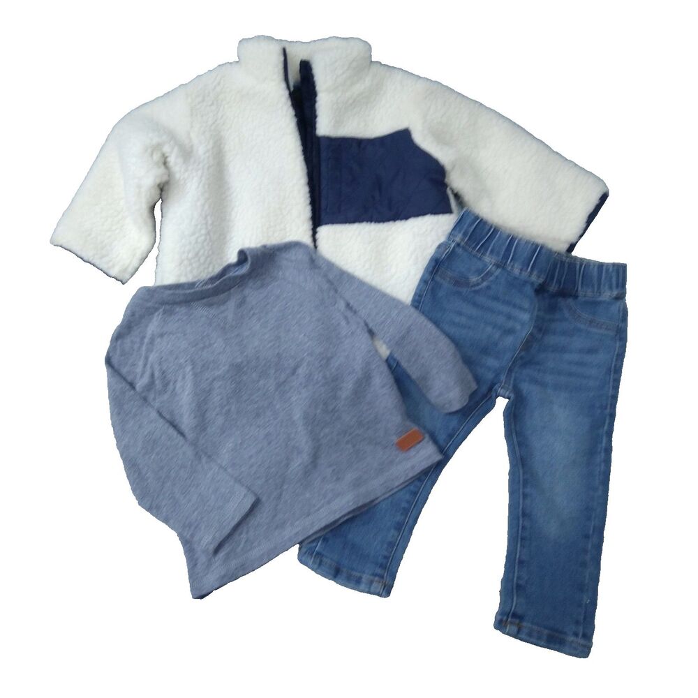 7 for all mankind Baby Outfit 12m Set Coat Jeans Shirt Faux Fur Warm Winter LA